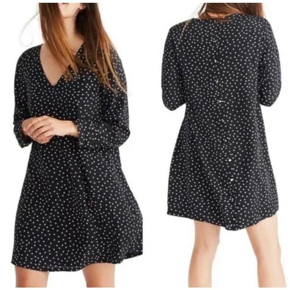 Madewell 100% Silk Black Star Print Mini Dress Long Sleeve Button Back S - Picture 3 of 8